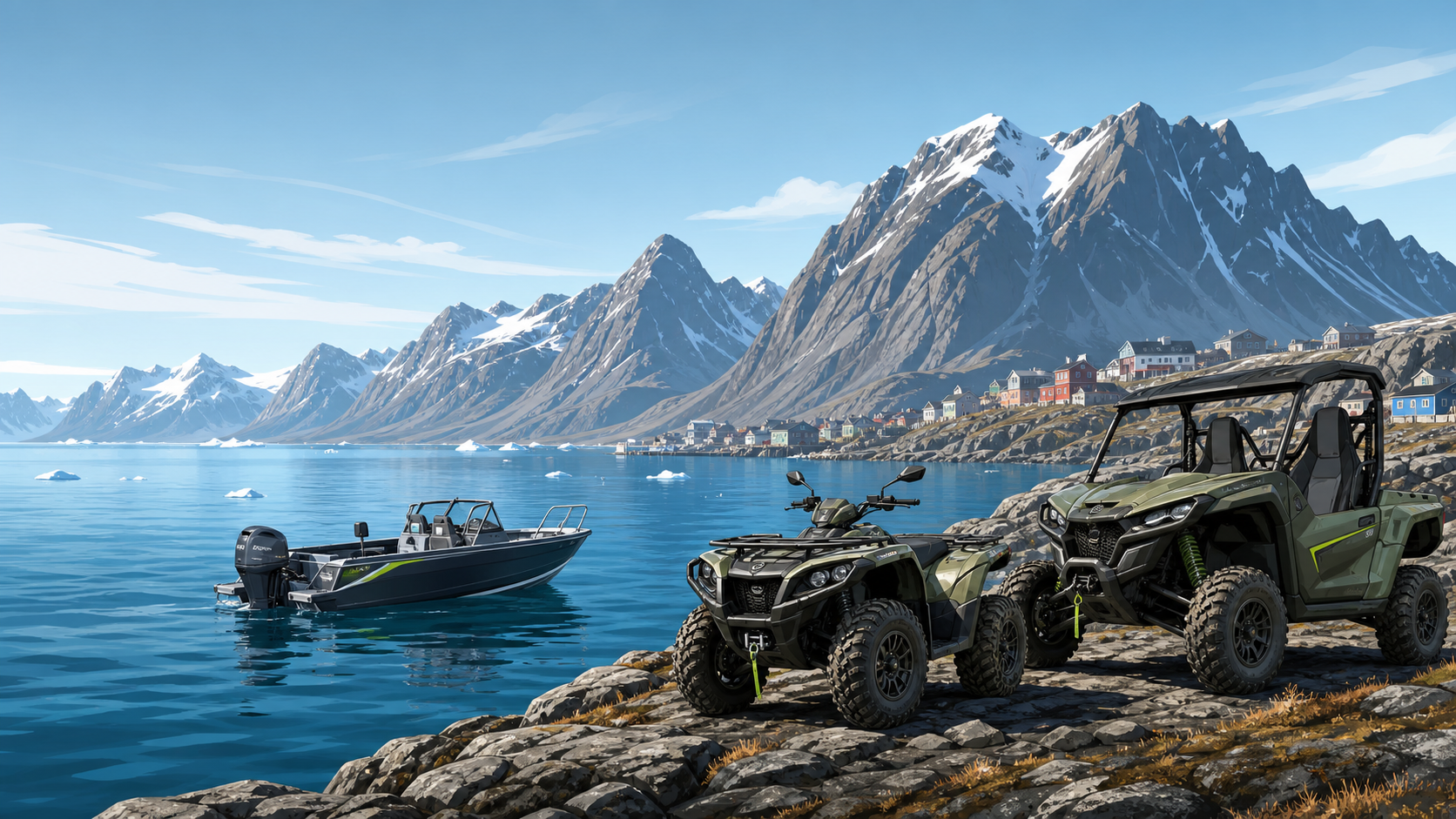 Tasiilaq fjord med båd, ATV og UTV